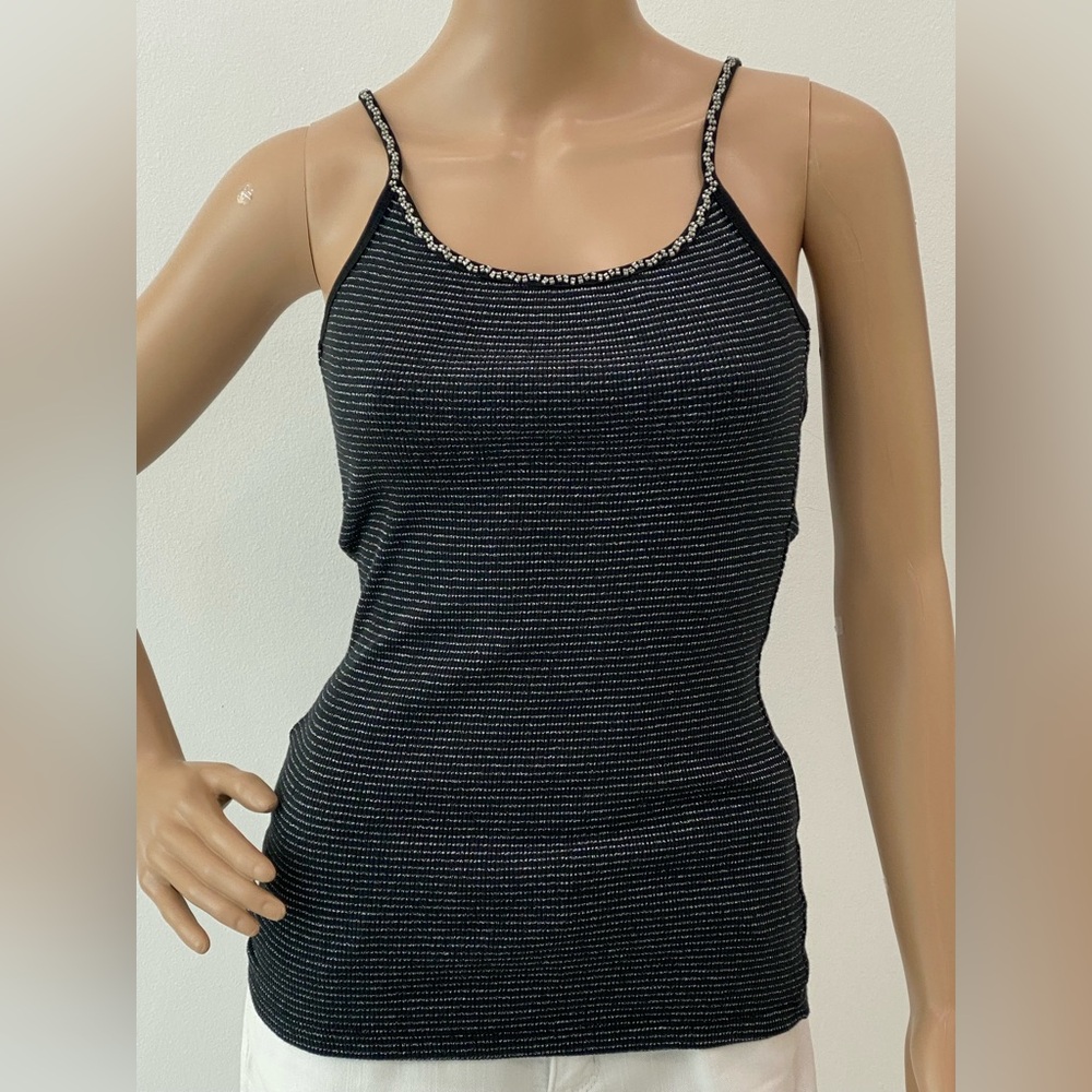 NWOT. Sparkly Express Black and Silver Striped Cami, Beads, Metallic Thread